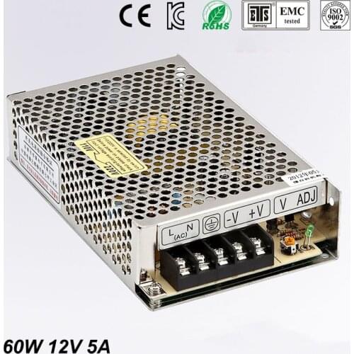 Best quality 12V 5A 60W Switching Power Supply Driver for LED Strip AC 100-240V Input to DC 12V free shipping