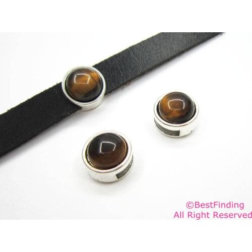 Tiger eye cabochon leather findings 10mm flat leather slider -FR04
