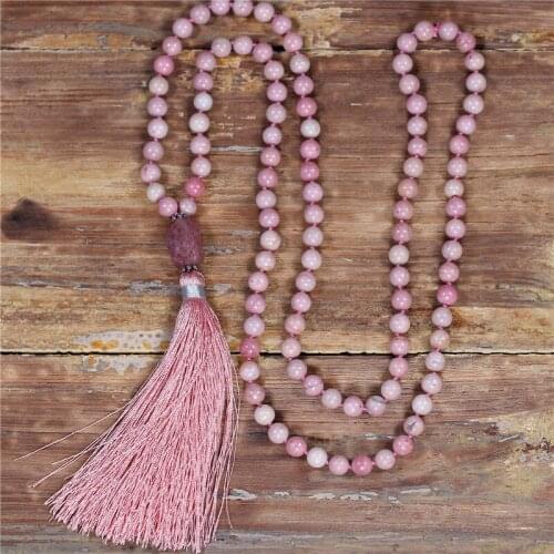 YueTong 108 Beads Mala Tassel Necklace 8MM Rhodonite Beaded Knotted Yoga Necklace Bohemia Meditation Necklace Dropship Jewelry