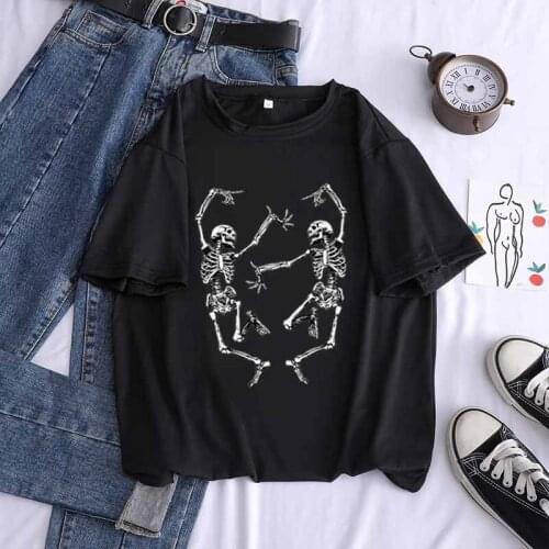 NEW Women Summer Cotton Short Dancing bone T-shirt Kawaii Cartoon Cheerful holiday Print Pattern Casual Graphics Round Neck Tops