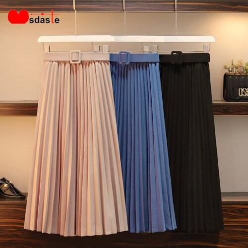 2020 Spring Plus Size Pleated Skirts For Women New Fashion Korean Style High Waist Female Skirt With Belt Lady Midi Skirts