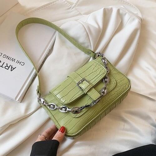Candy Color Stone Pattern PU Leather Small Baguette Bags for Women 2021 Travel Fashion Simple Shoulder Handbag Chain