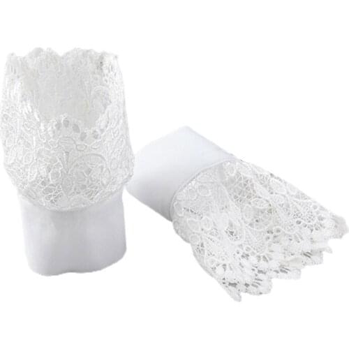 Women Decorative Layered Horn Cuffs Bracelet Hollow Out Embroidery Leaves Lace Fake Sleeves Detachable Adjustable Buttons Wristb