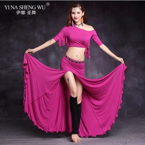 Women Dance Practice Costumes Performance Dancewear Adult Lady Bellydance Clothing Suit Top+Skirt 2pcs Tassel Sleeves Long Dress
