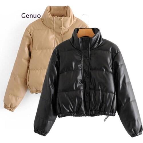 Women Fashion Faux Leather Parkas Thick Warm Jacket Padded Coat Vintage Long Sleeve Pockets Female Outerwear Chic Tops