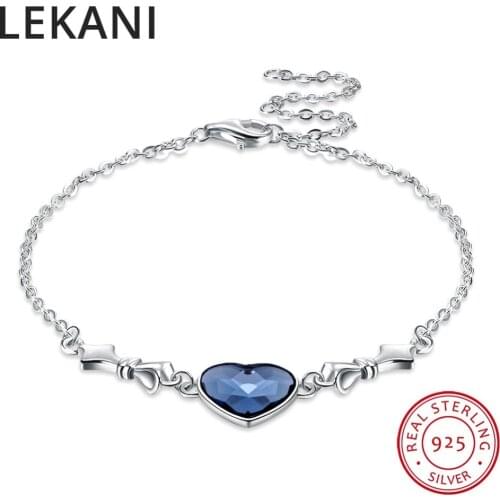 LEKANI Original Blue Crystals From SWAROVSKI Heart Shaped Bracelets 925 Sterling Silver Charm Bracelet For Women Fine Jewelry