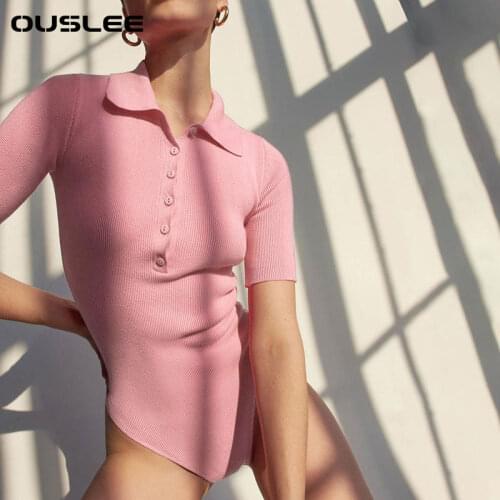 Ouslee Womens Polo Collar Short Sleeve 2021 Summer New Fashion Sexy Slim Bodysuit Skinny Jumpsuits High Street Bodysuits Wear