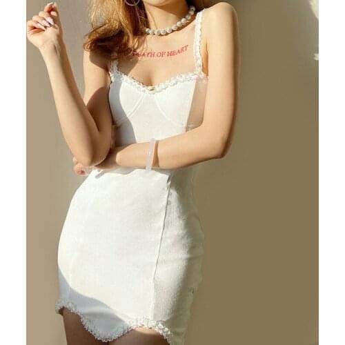 Women’s Sexy Suspender Dress Fashion Solid Color Lace Trim V-neck Backless Tight Short Dress Spaghetti Strap Dresses Summerwear