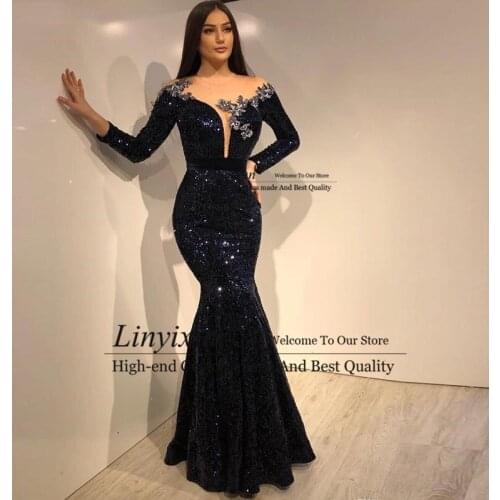 Sexy Navy Blue Mermaid Evening Dress Long Sleeve Black Sequin Formal Prom Dresses Scoop Neck Party Gown robe de soiree