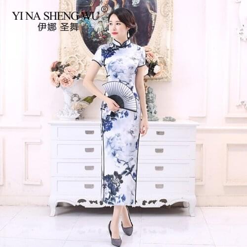 Long Qipao Dress Women Vintage Chinese Style Print Flower Cheongsam Dress Womens Traditional Dress For Wedding Party Dresses