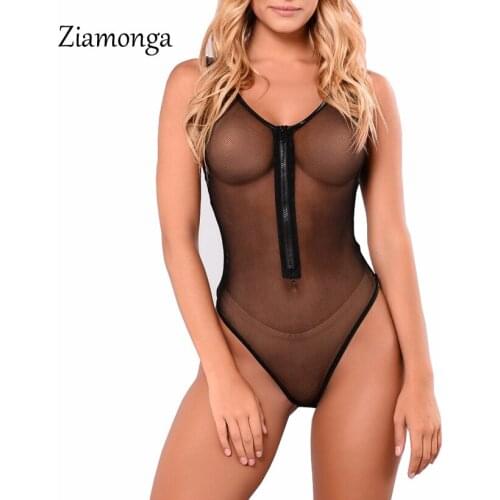 Ziamonga 2019 Sexy Bodysuit Women Sleeveless Mesh Bodysuit Top Sheer Lace Bodysuit Rompers Womens Zipper Front Bodycon Jumpsuit