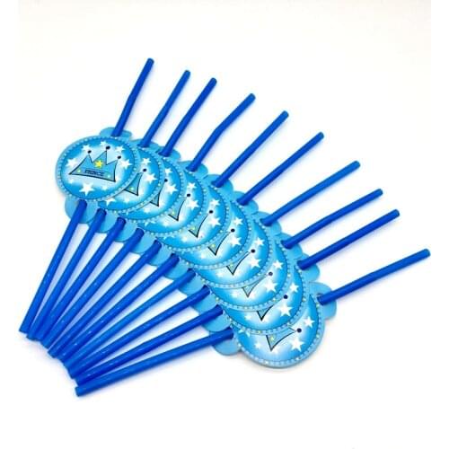 Blue Prince Crown Theme 10pcs Cartoon Plastic Straws Boy Birthday Party Straw Length 22cm Festival Wedding Plastic Straws Supply