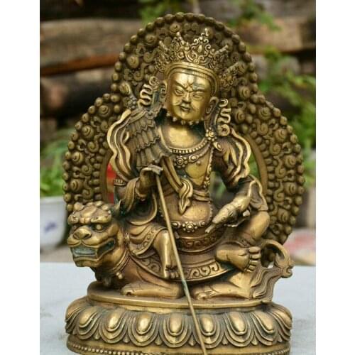 10" Tibetan Brass Buddhism Vaishravana On Lion Protector Deity Buddha Statue