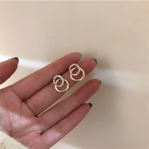 2021 Korean Simple Double Circle Gold Color Metal Rhinestone Drop Earrings For Women Fashion Small Pendientes Jewelry Gifts