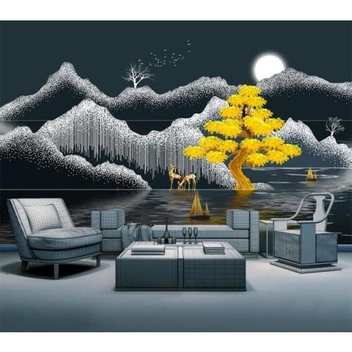 Beibehang Customized large-scale murals Chinese style abstract mountain crystal shell elk fortune tree background wallpaper