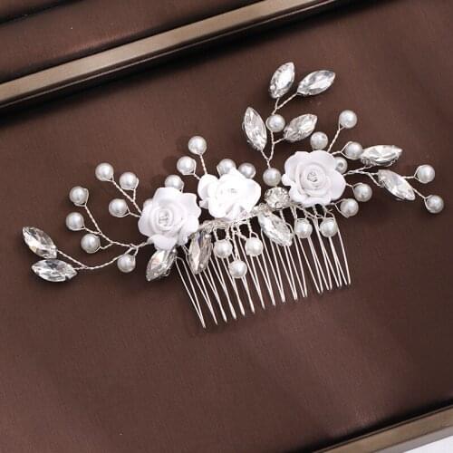 White Flowers Handmade Pearls Hair Combs Rhinestone Headbands Wedding Hair Accessories Bridal Women Jewelry Headpiece