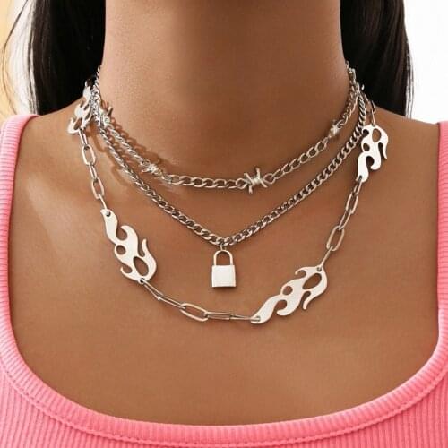 Personality Flame Chain Lock Pendant Necklace for Women Men Punk Hip Hop Thorns Clavicle Choker Necklace Jewelry Accessories