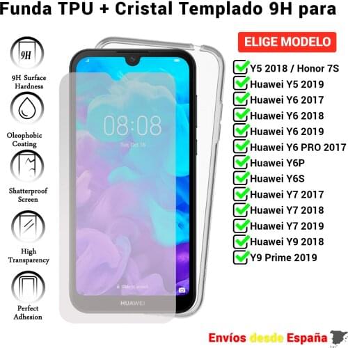 Case and protector for Huawei Y5 Y6 Y6P Y6S Y7 Y9 2017 2018 2019 Pro Prime. Tempered glass screen and transparent housing