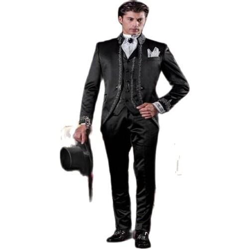 Black Satin With Embroidery Groom Tuxedos Mens Party Prom Dress Custom Made Business Suits(Jacket+Pants+Vest) K:088