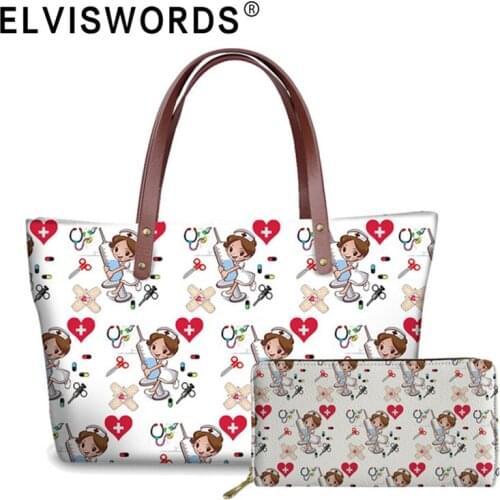 ELVISWORDS New Luxury Handbag Wallet Set Cute Cartoon Nurse Print Ladies Shoulder Bags Female Top-Handle Nurse Bag Bolsas Mujer