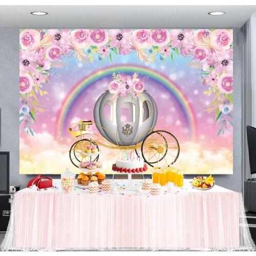 Laeacco Sweet Rainbow Carriage Flower Birthday Party Decor Poster Princess Photo Backdrop Customized Photography Background
