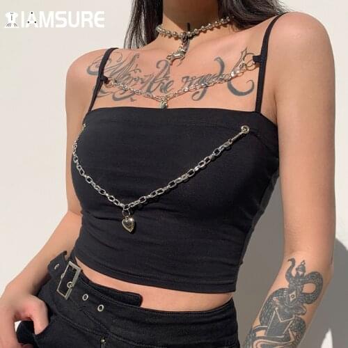 IAMSURE Black Cool Camis With Chain 2021 New Fashion Sexy Slim Spaghetti Straps Crop Tops Casual Y2K Cotton Tank Top Streetwear