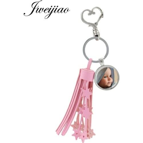 JWEIJIAO Custom 7 Colors Tassel Heart Clasps Keychain Glass Photo Gems Key Pendant For Family Friends Jewelry Na01