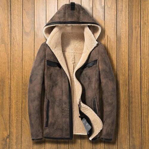 2020 New Hooded Jungle Brown Sheepskin Fur Shearlign Jacket Men Causal Real Sheepskin Jackets Black Hooded Fur Coat