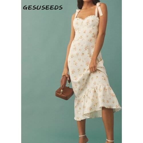 Summer sleeveless dress women vintage dresses floral print midi dress white spaghetti strap dresses ruffle chic party dress 2021