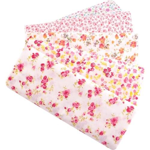 Teramil New Cotton Cloth Fabric Blue and Pink Flower Design for Sewing Home Textile Handicraft Patchwork Scrapbooking Needlework