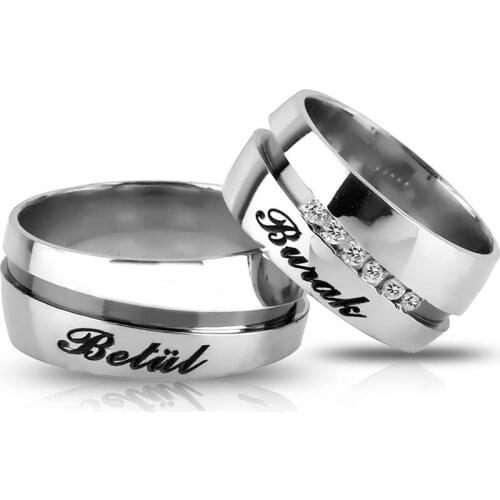 Tesbihane Personalized Name Written Waterway Design Gray Color 925 Sterling Silver Couple Wedding Rings