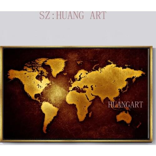 Original Golden Color World Map Hand Painted Abstract Oil Painting On Canvas Home Decoration Wall Art Free Shipping