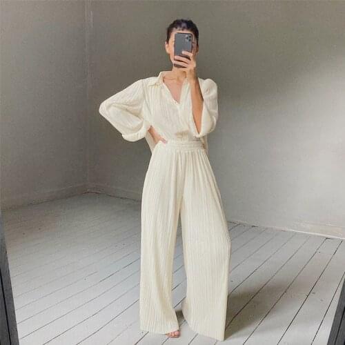 Dabourfeel Casual Beige Pleated Blouse And Wide Leg Pants Two Piece Sets Suit Women Elegant Elastic High Waist Ruched Trousers