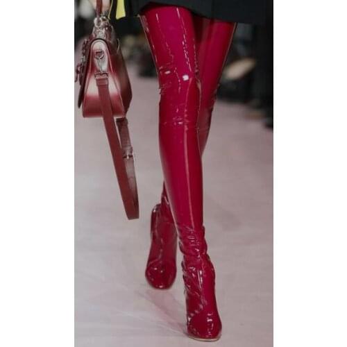 Clear Crystal High Heel Boots Patent Leather Over The Knee Boots Black Red Latex Sexy Slim Thigh High Party Long Botas