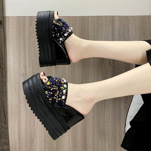 High Platform Slippers Women For Summer Outdoor Beach Slippers Woman Sequined Cloth Wedge Heels Thick Sole Femmes Sandales