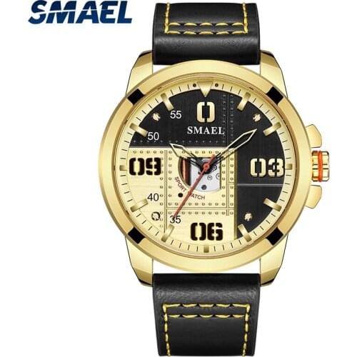 SMAEL Sports Japanese Movement Geometric Design Dial Waterproof Automatic Update Date Leather Bracelet Watch
