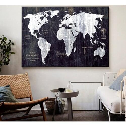 Vintage WORLD MAP Canvas Painting Printing Poster HD Wall Pictures For Living Room Black Map Decorative Art Home Decor