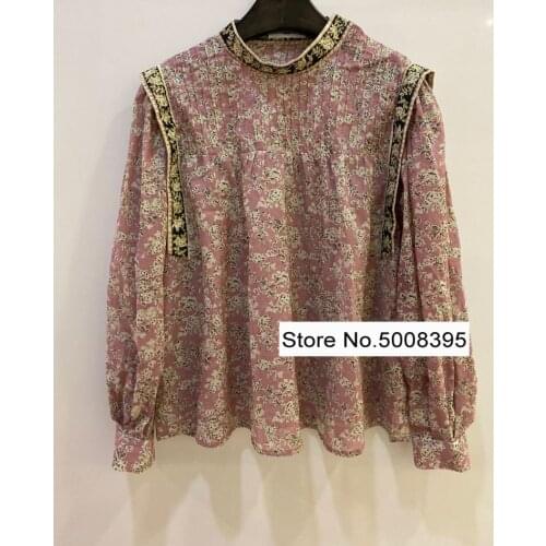 Retro Printed Cotton Top Blouse Stand Collar Buttoned Long Sleeves Buttons cuffs Fashion Tops 2020 Woman