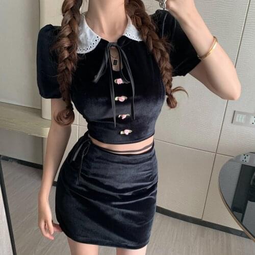 Velour Vintage Women Two Piece Set Summer Flowers Ribbons Peter Pan Collar Tops Mini Skirts Velvet Lady Outfits Gothic Clothing