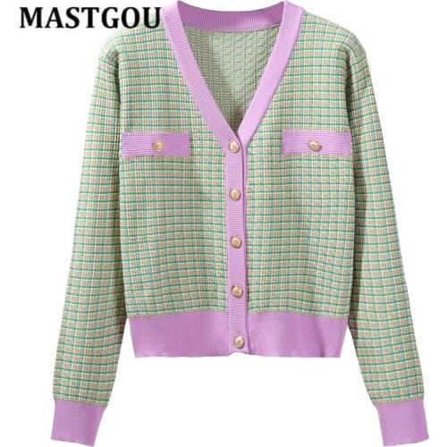 MASTGOU Vintage Spliced Womens Cardigan Argyly Knit Woman Cardigan Sweaters Spring Autumn V Neck Jacket Coat Female Clothing