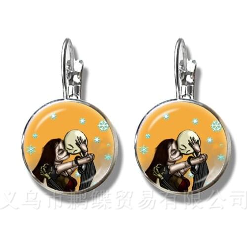 16mm Round Glass Cabochon Jack Skellington Pattern Earrings For Friends Silver Plated Stud Earrings Halloween Gifts