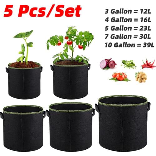 5Pcs 3/4/5/7/10 Gallon Felt Grow Bags Gardening Fabric Grow Pot Vegetable Tomato Growing Planter Garden Potato Planting Pots