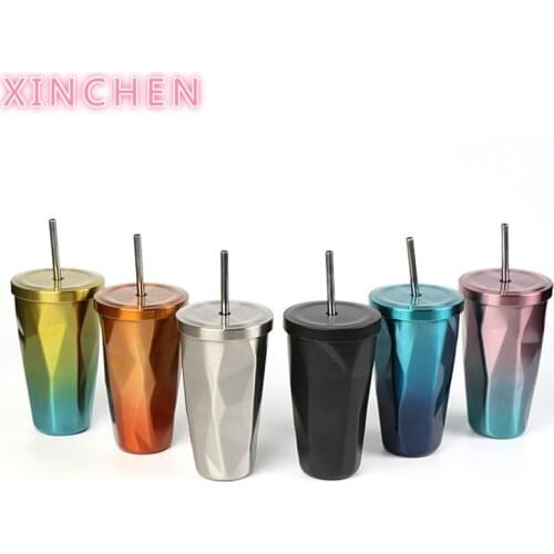 500ml/17oz Double Wall 304 stainless steel Coffee Bottle With Straw to Go Cold Beer Cup With Tumbler Insulated Auto Water Mugs