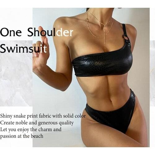 Bikinis 2021 Woman Pu Black Snakeskin Printed Two Piece Tube Top Sets Brazilian Biquini One Shoulder Sexy Swimsuit Bathing Suits