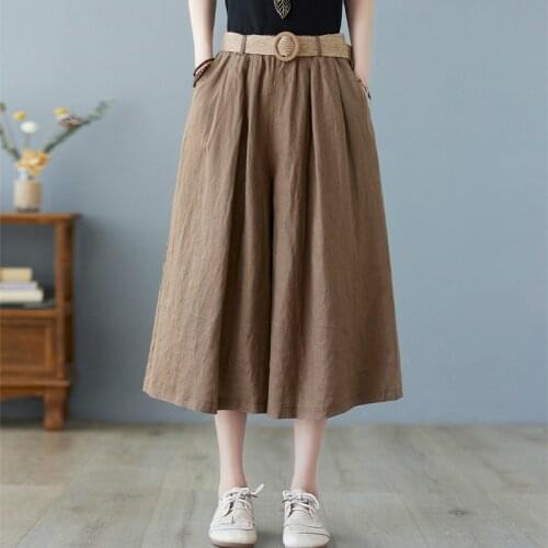 Women Summer Cotton Linen Wide Leg Pants New 2021 Arts Style Vintage Solid Color Loose Female Calf-length Casual Pants B411