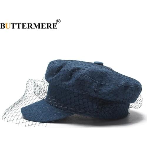 BUTTERMERE Women Newsboy Cap Denim Blue Flat Caps With Veil Ladies Elegant Gatsby Hats Ivy Vintage Autumn Casual Baker Boy Caps