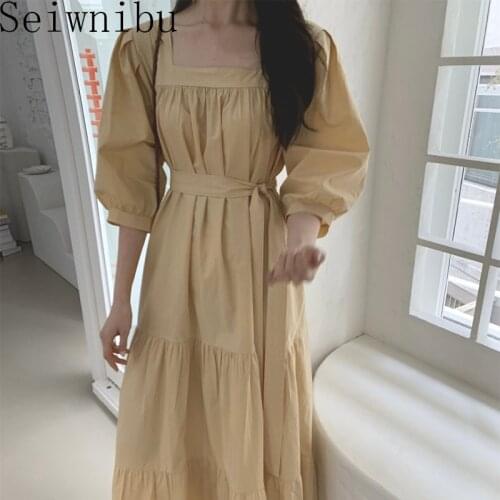 Elegant Ruched Spring Dress For Women Square Collar Puff Sleeve High Waist Long Dresses Female Fashion New Clothing 2021