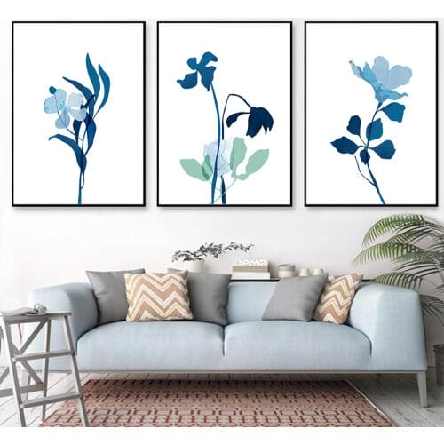 Blue Flower Abstract Botanical Wall Art Poster Decor Pictures Canvas Prints Modern Painting Living Room Decoration