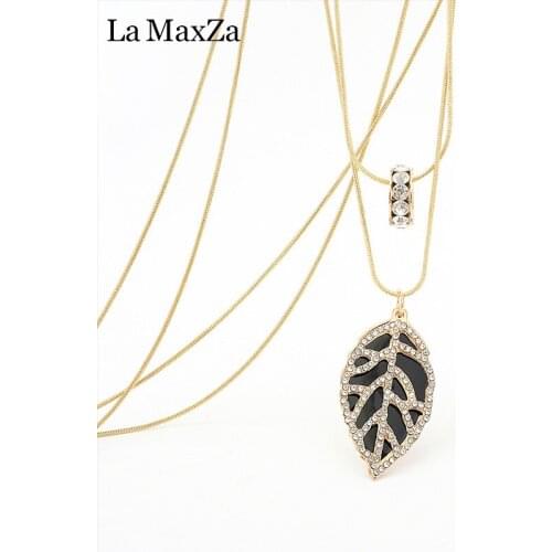 Inlaid Crystal Gold Double Leaf Necklace Long Sweater Chain Jewelry Accessories Classic Elegant Charm Pendant Necklace for Woman
