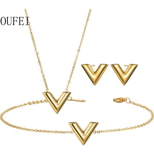 Stainless Steel Jewelry Set For Women Fashion Simple Necklace Set Girl Gift Beautiful V Letter New 2021 Jewelry Set Accessories